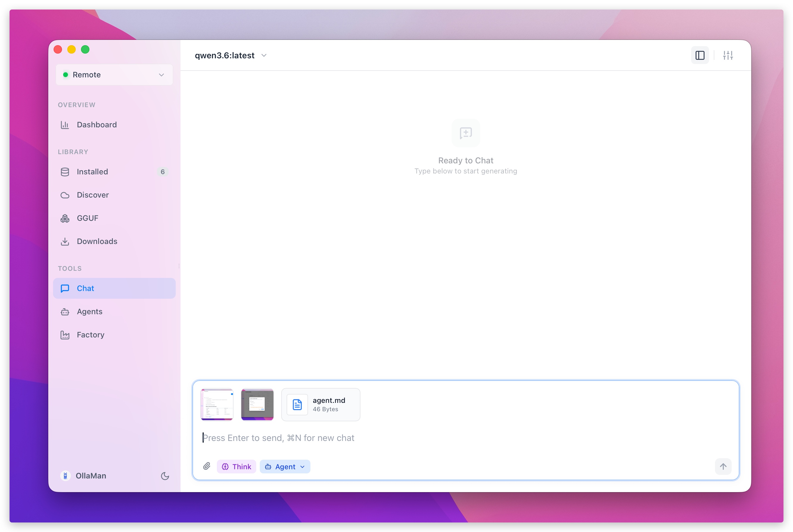 Files attached to the OllaMan chat composer by drag and drop