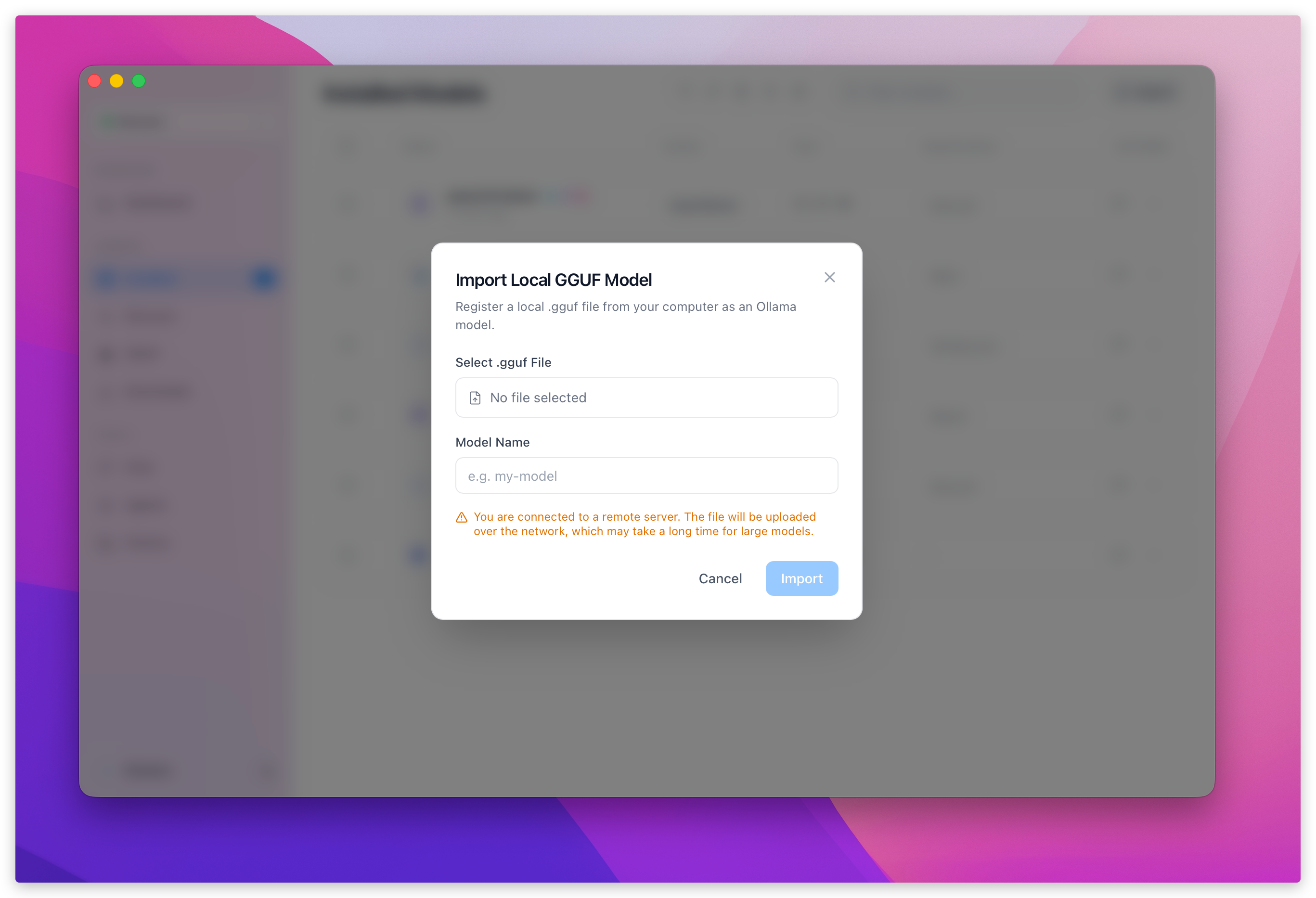 Import Local GGUF Model dialog in OllaMan