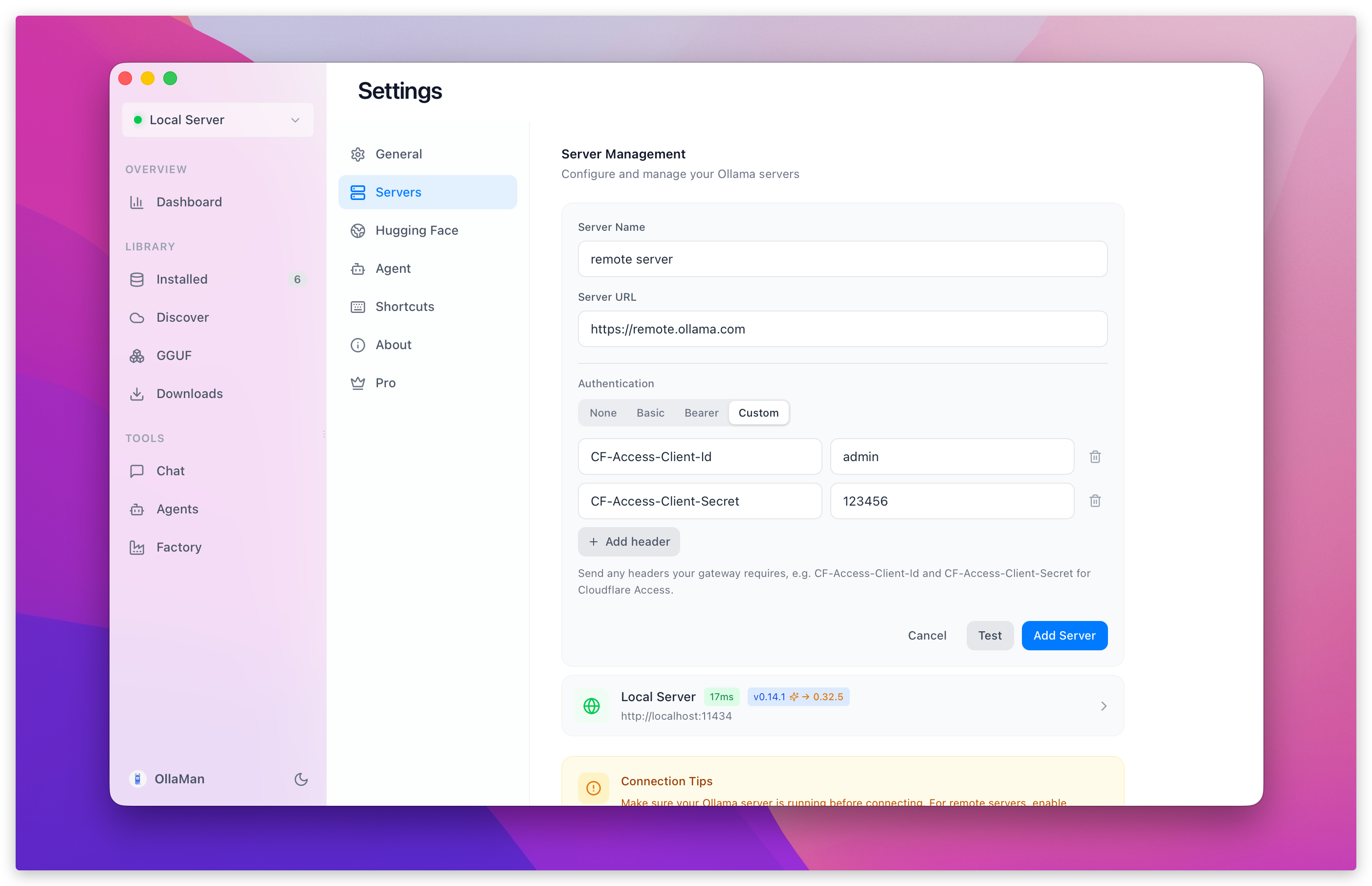 Server authentication settings with custom CF-Access headers
