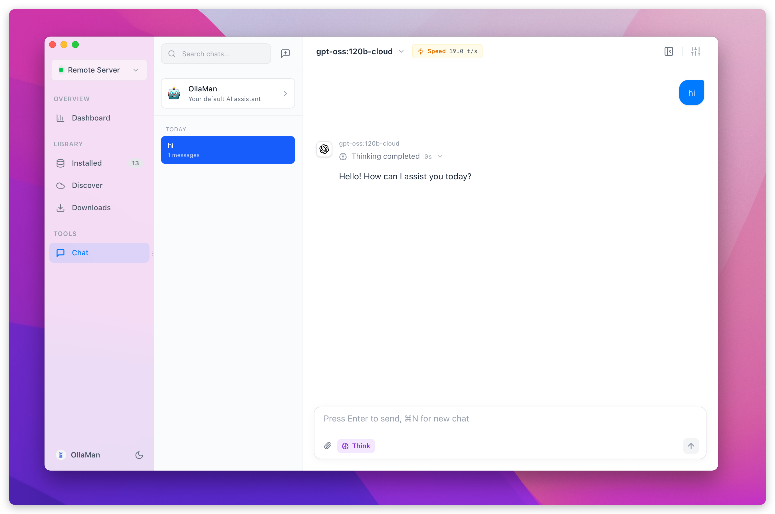 OllaMan Chat main screen
