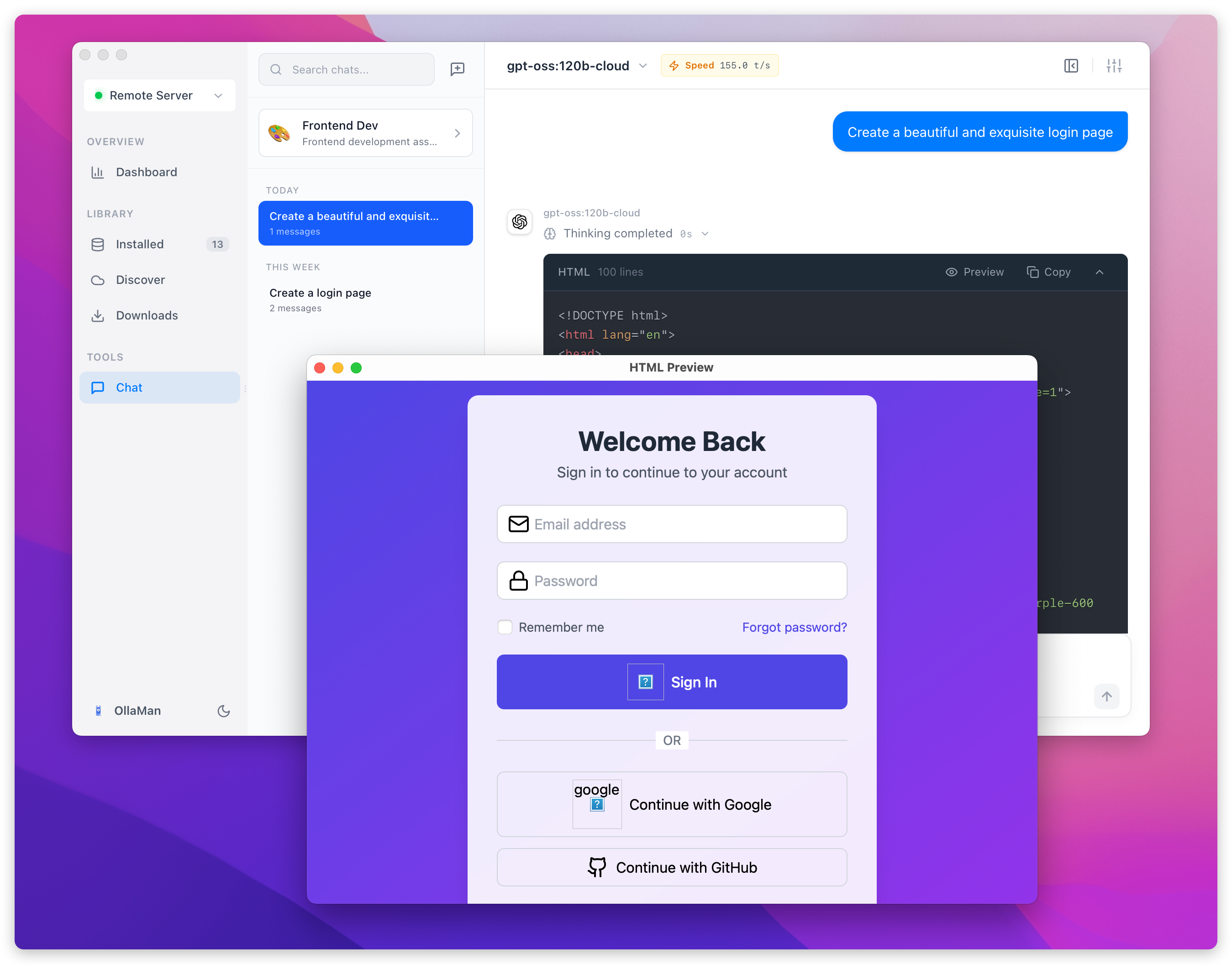 HTML code preview button and window
